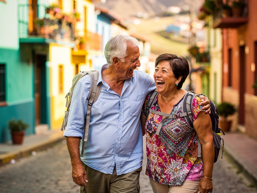 Pareja de adultos mayores chilenos visitando atracción turística con energía y sonrisas