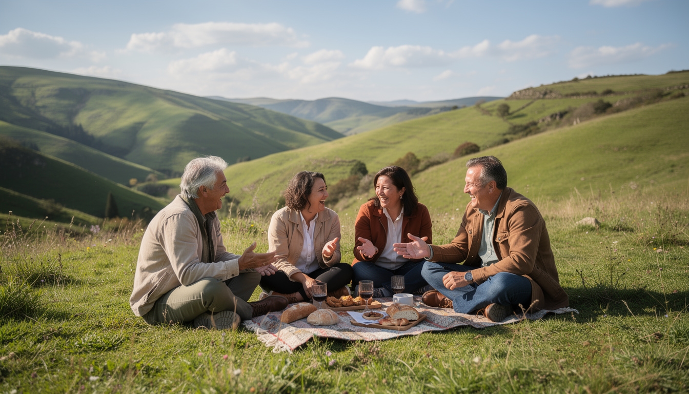 Grupo de amigos chilenos disfrutando actividad al aire libre en paisaje natural patagónico