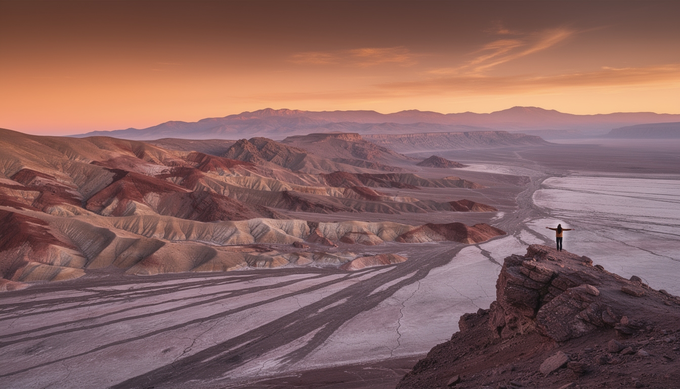 Caminante en paisaje desértico del norte de Chile con luz dorada al atardecer