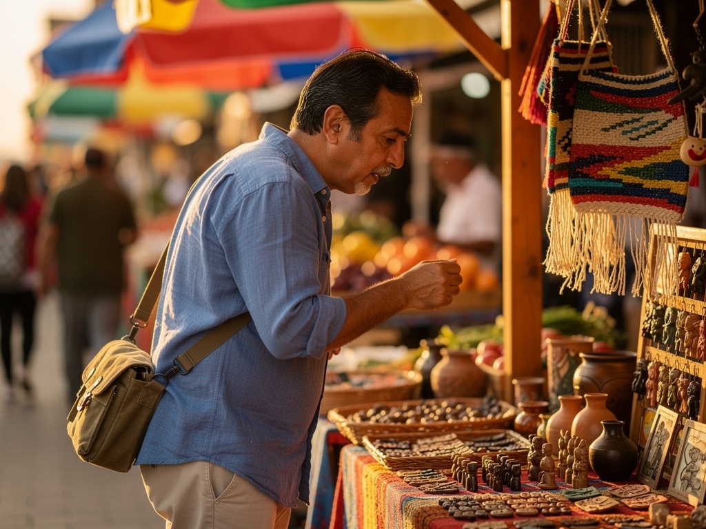Adulto explorando pueblo costero chileno con mochila liviana y actitud activa